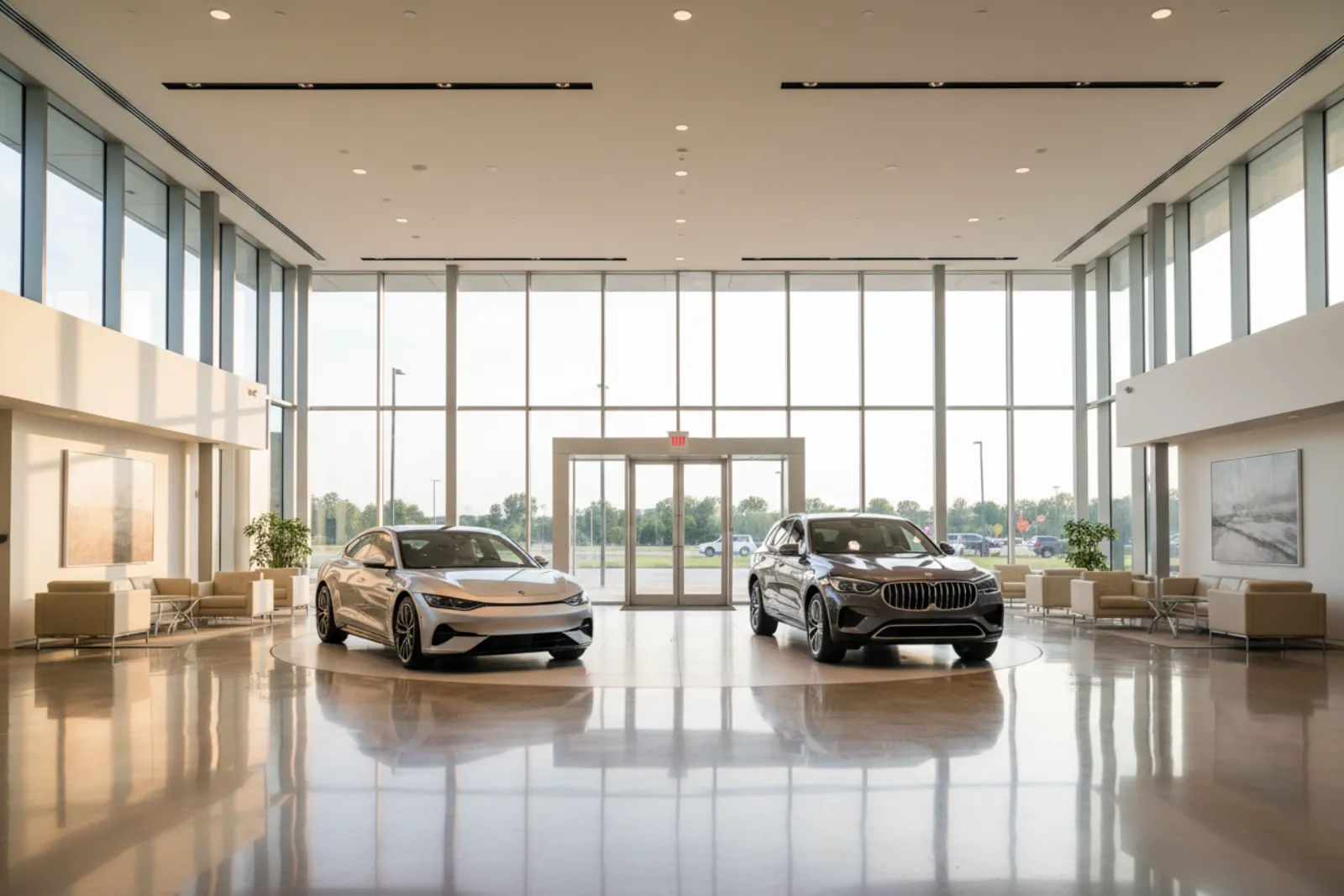 Interior of a modern car dealership showroom